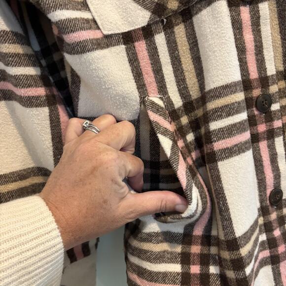 Cavalini Jacket Women Medium Brown Pink Cream Plaid Shacket Button Pockets Fall‎ - Picture 5 of 10